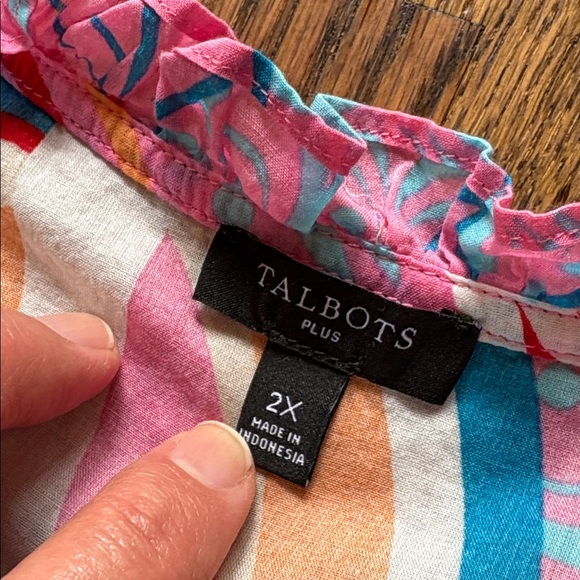 Talbots sz 2X sleeveless cotton patterned ruffle neck top - Picture 5 of 6